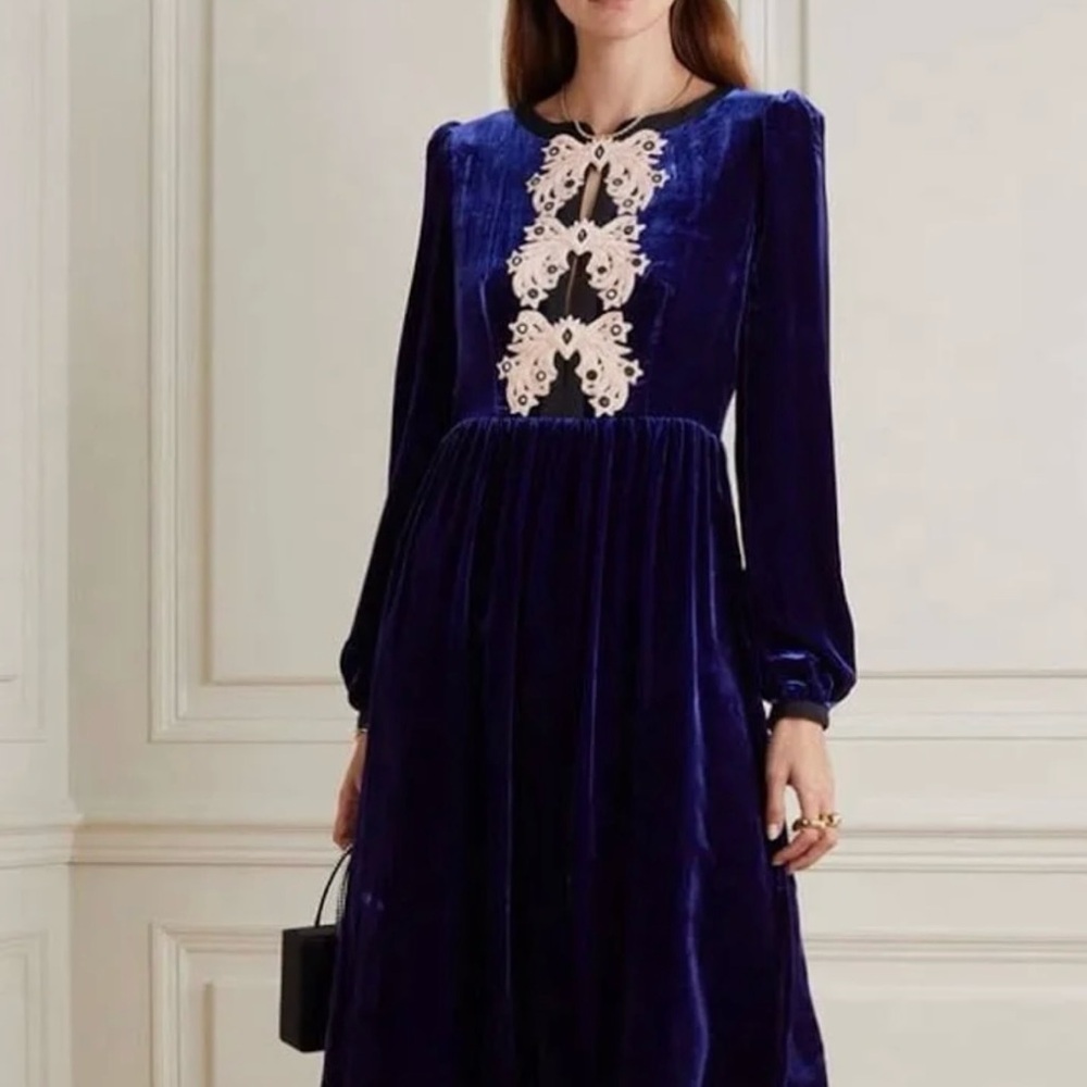 SALONI camille bows appliquéd velvet midi dress size UK 10 US 6 like new